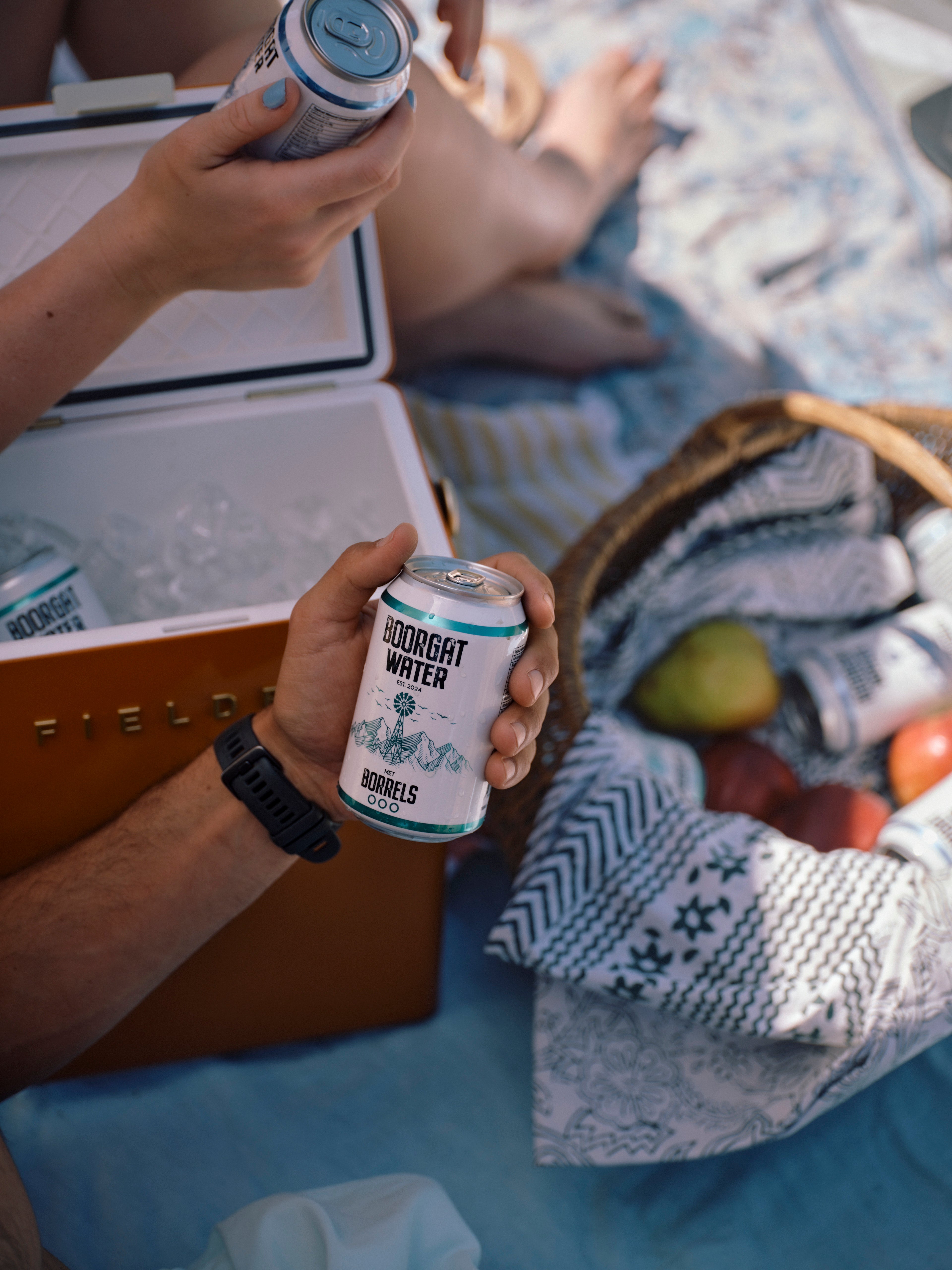 Person holding a can of 'Boorgat Water' at a picnic with a cooler and fruits.